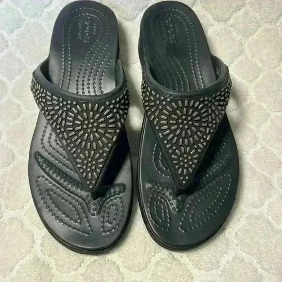 Crocs Monterey Diamante Womens Size 5 Black Flip Flop Wedge Sandals Like New - Picture 5 of 8